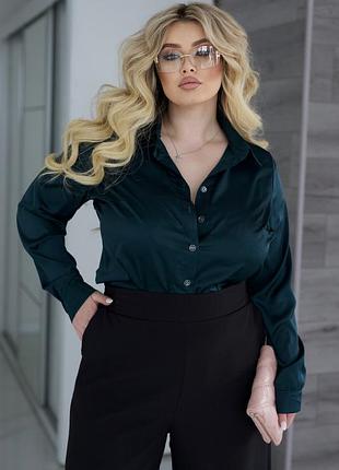 Класична шовкова жіноча сорочка однотонна вільного крою 50-52, темно-зелений