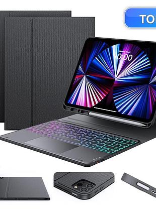 Чохол-клавіатура earto для ipad air 13 / ipad pro 12.9 чорний qwertz 3-зонне підсвічування 7 кольорів та тачпад