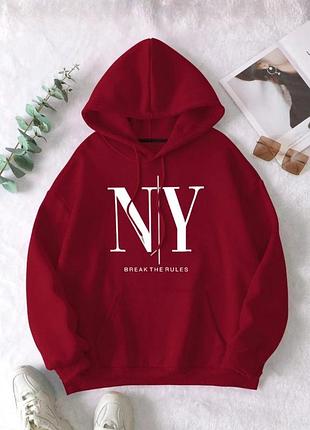 Худи женский oversize осень-зима с надписью ny бордовый