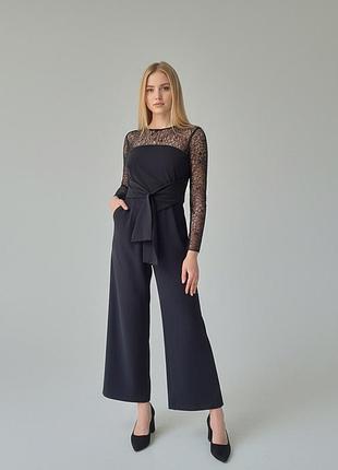 Жіночий комбінезон брючний з ажурними рукавами zara чорний