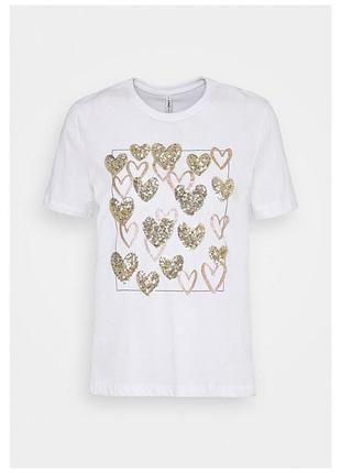 Футболка onlkita reg s/s leaf/moon top box jrs 15246473-bright white-print:gold hearts square only l 15246473-bright white-pri