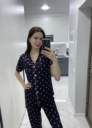 Женская пижама рубашка со штанами черная в сердечки хлопковая m