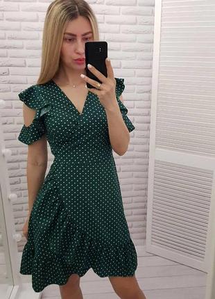 Платье на запах с рюшами, арт. 484, бутылка в белый горох 46