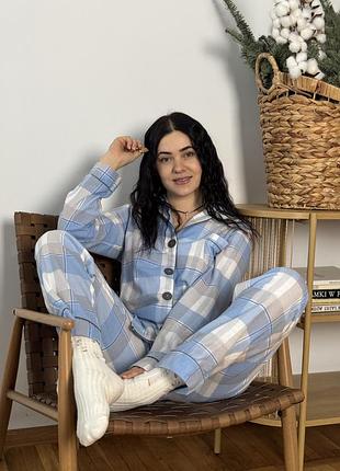 Женская пижама с фланели в клетку, пижама, пижама фланель голубой, xxxl