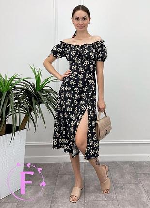 Летнее платье миди с открытыми плечами и разрезом "libby"| распродажа модели 46, черный