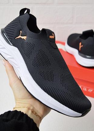 Кроссовки мужские puma мокасины черные с оранжевым демисезонные текстиль пума слипоны на весну, лето, осень