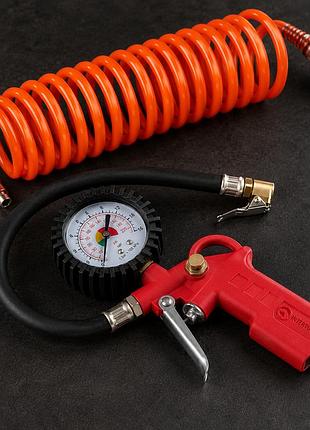 Пистолет для подкачки колес intertool с манометром + шланг спиральный воздушный 5 м