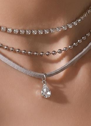 Набір чокерів h&m 3 шт сріблясті зі стразами та кристалом, layered necklace