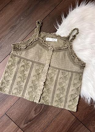 Топ майка на бретелях для дівчинки 10 років 140 см zara зара зелена хакі з вишивкою