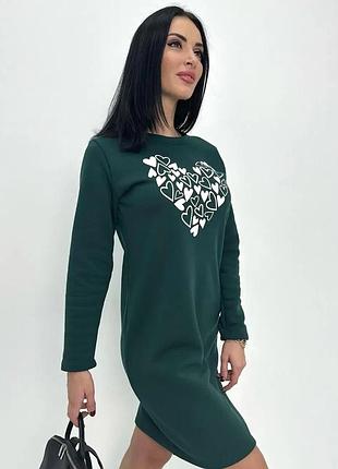 Теплое женское короткое платье с сердечком р. 42-44, 46-48, 50-52 зелений, 50/52