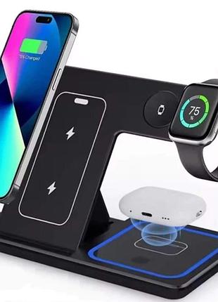 Бездротова зарядна станція 15w 3 в 1 для iphone, apple watch, airpods pro, samsung та пристроїв з функцією бездротового заряджання qi black