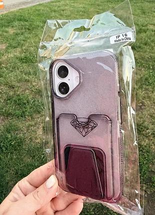 Чехол для iphone 16 з картхолдером та підставкою з блискітками