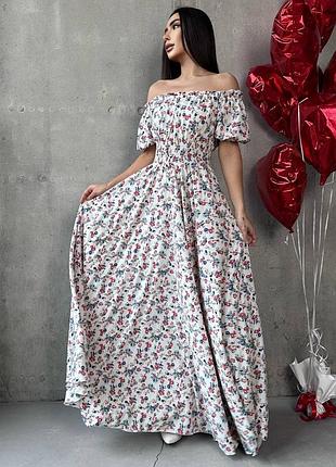 Платье весеннее длинное, белое с красно-розовым цветочным узором, 42-46