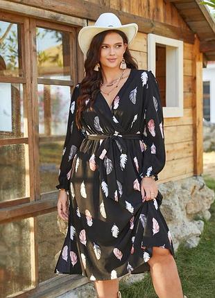 Міді сукня з принтом с пірʼя shein 3xl без пояса