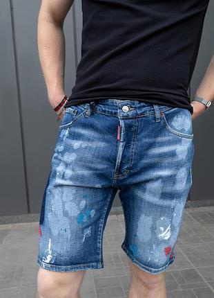Шорты джинсовые темно-синие мужские с большими ляпками краски "dsquared2" (slim фасон) 48