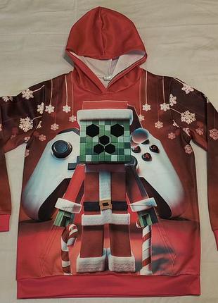 Minecraft - толстовка, худи с новогодним принтом - крепеж - санта клаус - м, унисекс