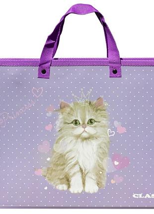 Папка-портфель на блискавці з тканинними ручками class a4 1 відділення princess cat 5634-24c