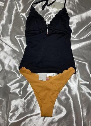 Купальник збірний танкіні верх м+ правки s від hunkemoller scallop shaping tankini (nero) high leg (mock orange)