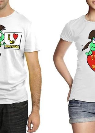 Парные футболки с принтом "i love my boyfriend. i love my girlfriend" push it