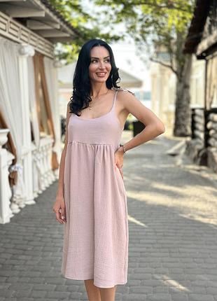 Летнее платье сарафан из муслина на бретельках "caramel" | норма и батал капучино, 50-52