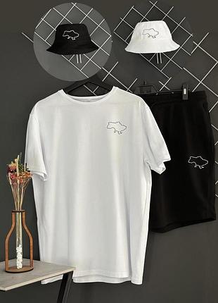 Шорти чорні карта білий лого + футболка біла карта + панама карта (панама чорна або біла)