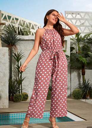 Рожевий комбінезон shein з принтом у горошок, широкими штанинами та халтер-вирізом 3xl