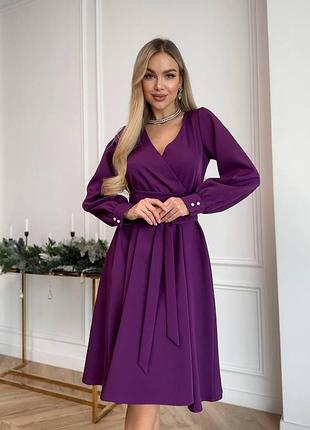Женское платье до колена с поясом баклажан, 42/44