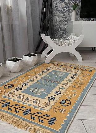 Голубой турецкий этно ковер, безворсовый и двусторонний, размер 160x250