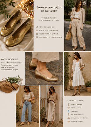 Золотистые туфли-балетки на танкетке / comfort casual
