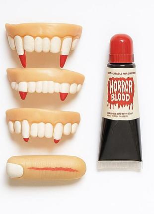 Набір для гриму на хелловін “horror makeup kit” — вампірські зуби, штучна кров, палець