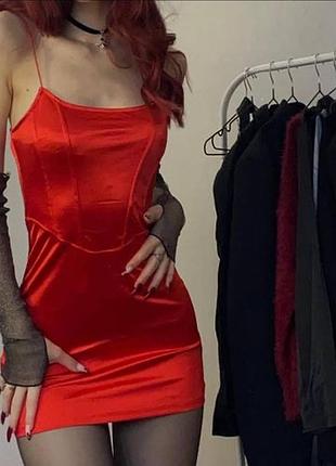 Червона атласна міні-сукня h&m корсетного крою xs/s випускна