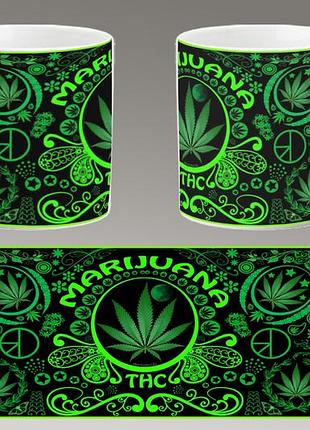 Чашка белая керамическая "марихуана" конопля, каннабис. canabis marijuana. abc