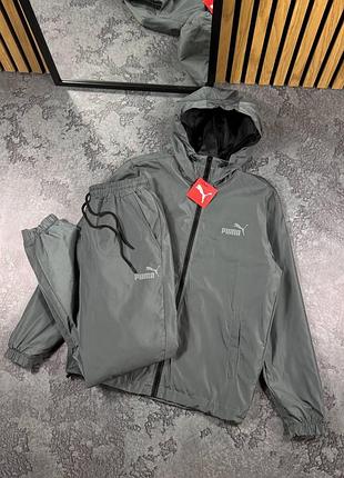 Костюм спортивный puma серый матовая плащевка куртка + штаны весна-лето-осень, костюм пума мужской из плащевки l