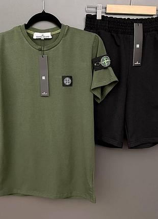 Летний набор мужской stone island шорты-футболка хаки (носки в подарок) турецкая двунитка, стоун айленд набор xl