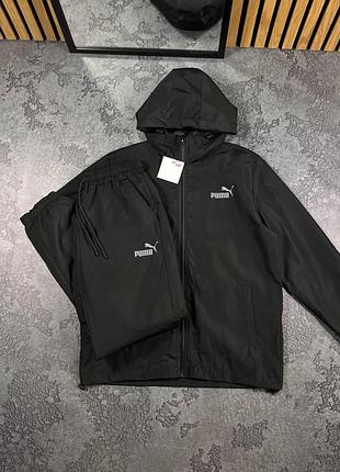 Костюм спортивный puma черный матовая плащевка куртка + штаны весна-лето-осень, костюм пума мужской из плащевки xxl