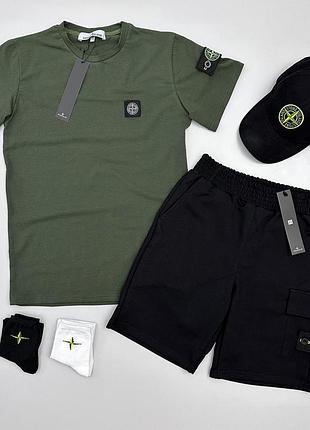 Літній чоловічий набір stone island шорти-футболка-кепка (носки в подарунок) турецька двонитка, стоун айленд комплект чоловічий l