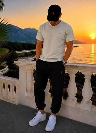 Спортивний костюм polo ralph loren комплект базовий polo футболка беж + штани чорні, костюм поло ральф лорен