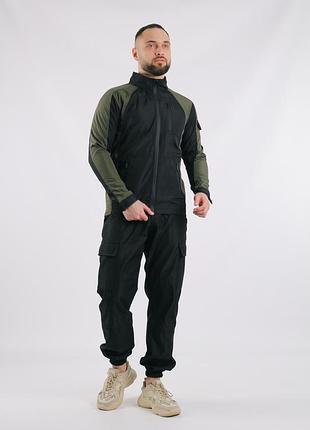 Мужской костюм softshell черный с хаки осенний весенний , практичный черный комплект софтшелл куртка + trek