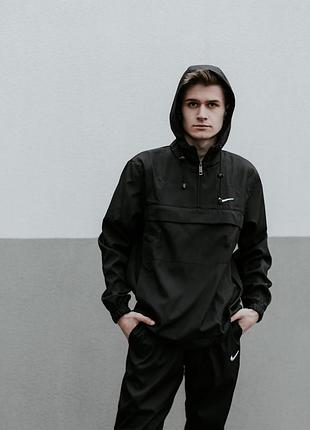 Мужской трендовый однотонный чёрный анорак nike с капюшоном и карманами, молодёжная ветровка без узоров и принтов для осени 3xl