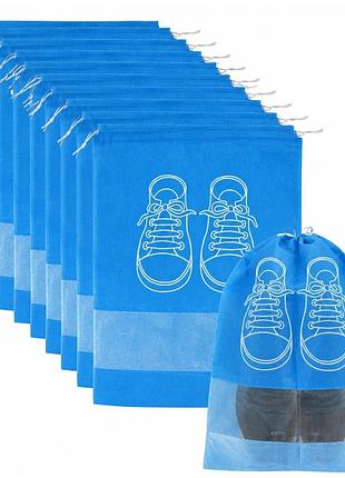 Набір чохлів для зберігання й перевезення взуття shoe bag на затяжках, з віконцем 10 шт. 27 х 36 см блакитний