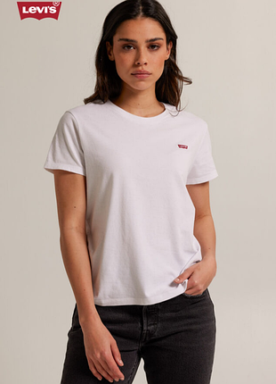 Бавовняна футболка з вишитим логотипом ✨ levi's ✨ біла футболка з лого