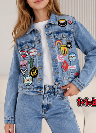 🎁1+1=3 блакитна джинсова курточка з нашивками candy couture на дівчинку 9 - 10 розмір