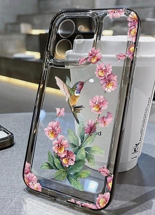 Чохол iphone 15 прозорий з колібрі та рожевими квітами