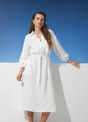 Платье - рубашка меди из льна boho с длинными рукавами и карманами лето/весна 42-52 размеры молочное 46