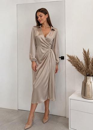 Shein жіноча міді максі бежева сукня на запах m/l/xl легка невагома рукава довгі на резинці святкова