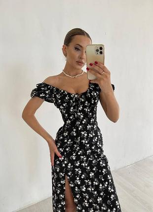 Платье летнее из вискозы в цветочный принт черный, m-l