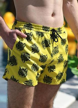 Шорты пляжные pobedov pool day kotiki желтые с котиками