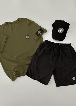 Футболка хаки + шорты stone island + кепка