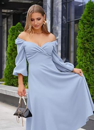Вечернее женское платье с открытыми плечами, голубое xs