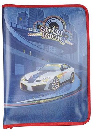 Папка а4 пластиковая на змейке с глиттером с красным кантом kidis "street racing" 7472 knz